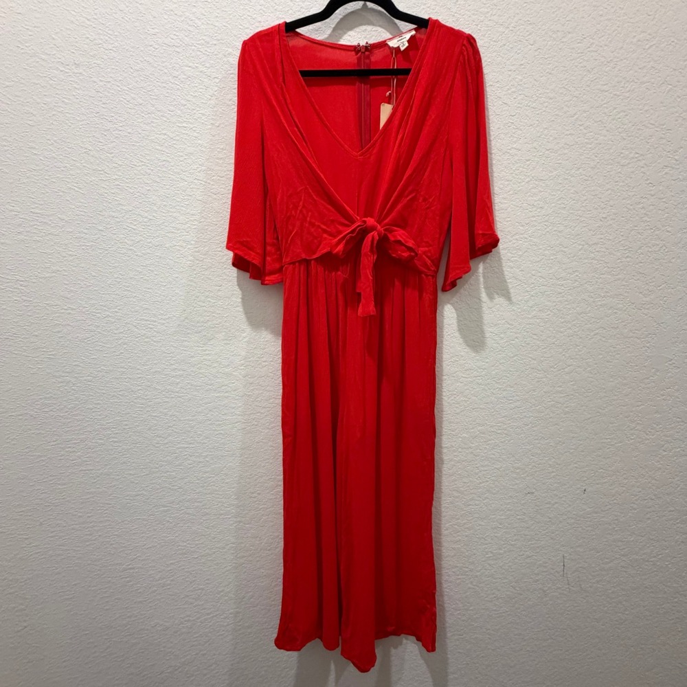 Entro Red V-Neck Front Tie Wide Leg Jumpsuit Flutter Sleeve Small NWT